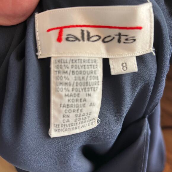 Talbots Navy Blue Sleeveless Chiffon Cape Dress 8 Silk Trim Evening Wear Luxe - Picture 5 of 5